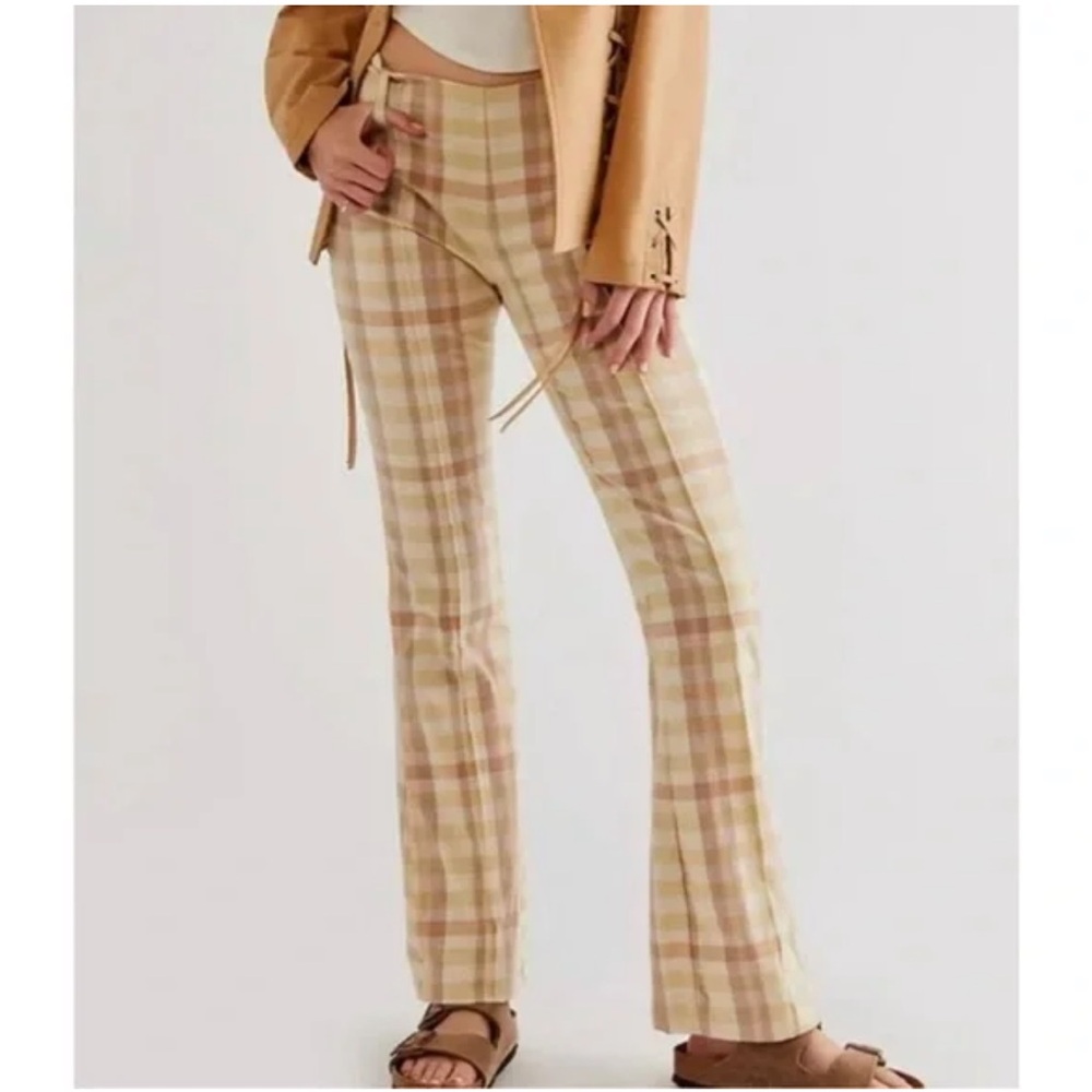 Free People The Way You Move Plaid Hippie Flare Pants Cotton Linen Blend Size 12
